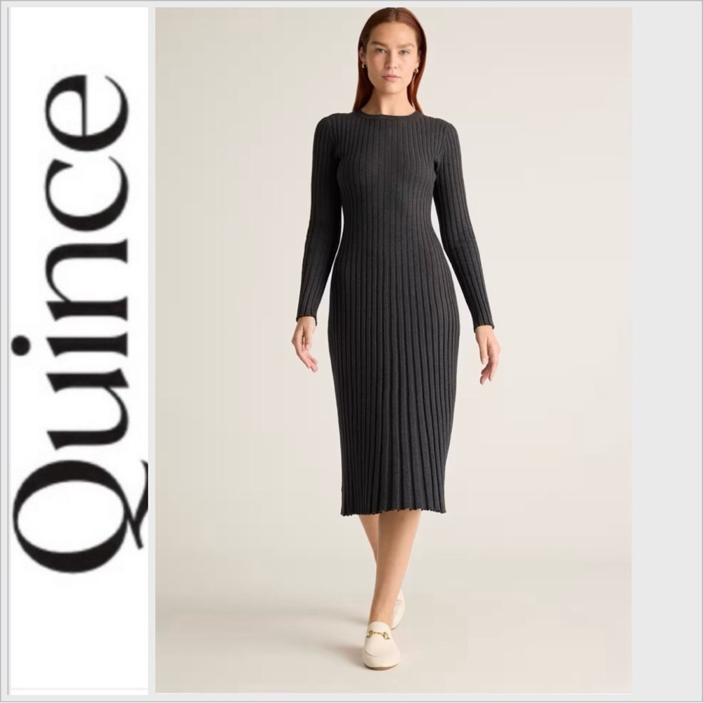 Quince Cotton Cashmere Ribbed Long Sleeve Crew Midi Dress charcoal Heather XL - Picture 2 of 10